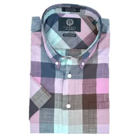 Lilac, Blue, and Aqua Plaid Linen and Cotton Short Sleeve Sport Shirt by Viyella