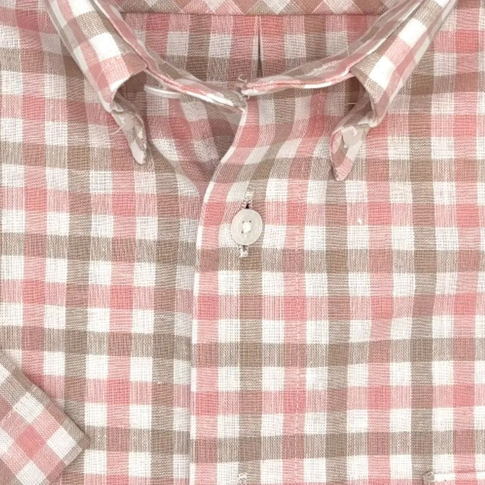 Linen and Cotton Short Sleeve Sport Shirt in Coral and Beige Plaid by Viyella