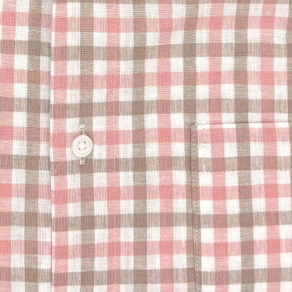 Linen and Cotton Short Sleeve Sport Shirt in Coral and Beige Plaid by Viyella