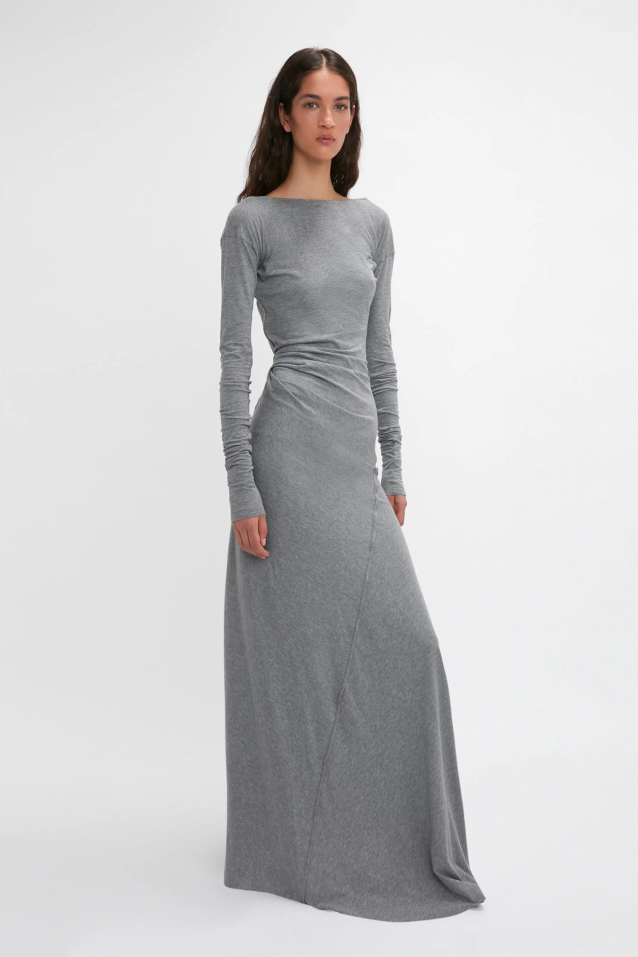 Long Sleeve Circle Neck Dress In Grey Marl