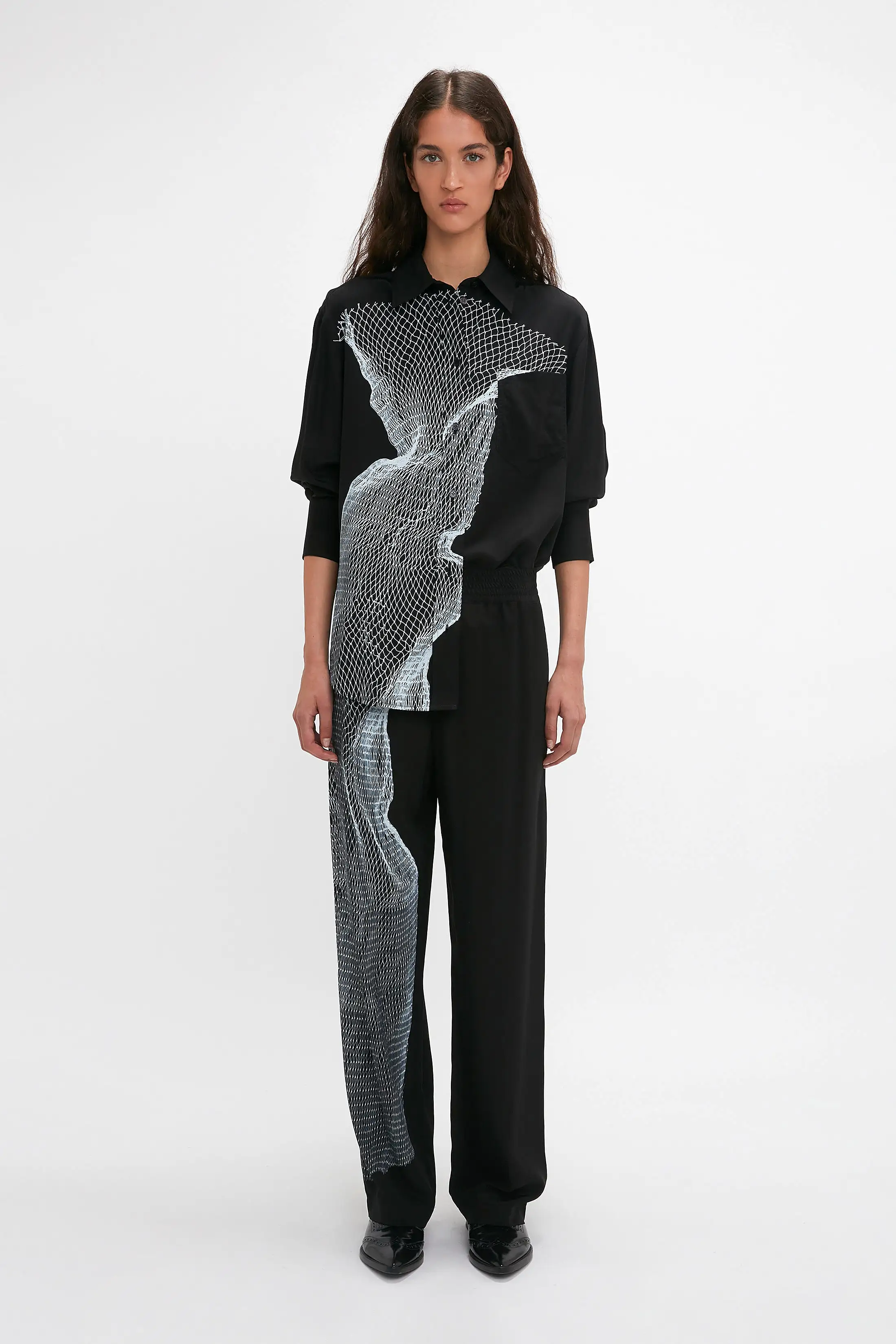 Long Sleeve Pyjama Shirt In Black-White Contorted Net