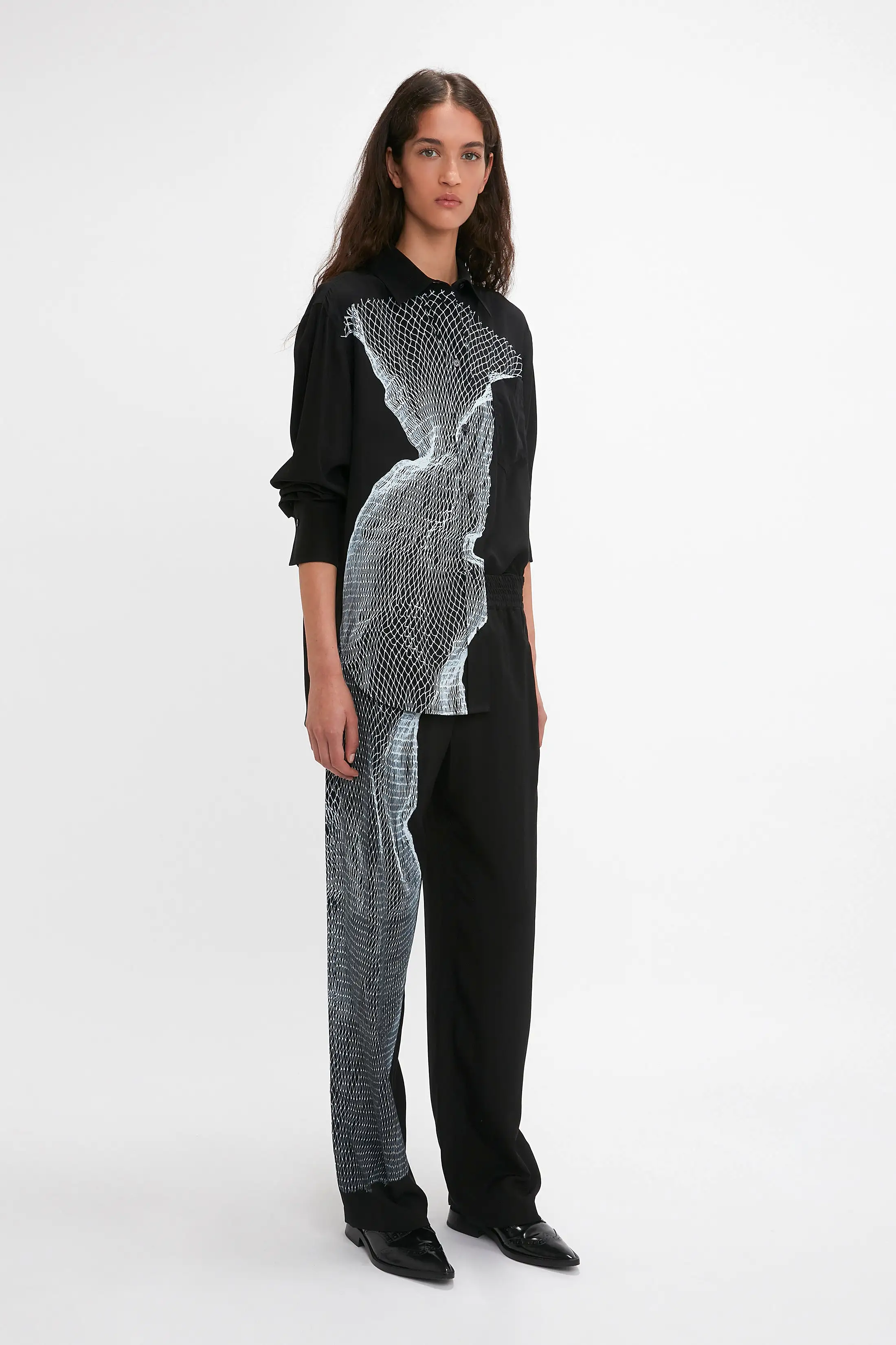 Long Sleeve Pyjama Shirt In Black-White Contorted Net