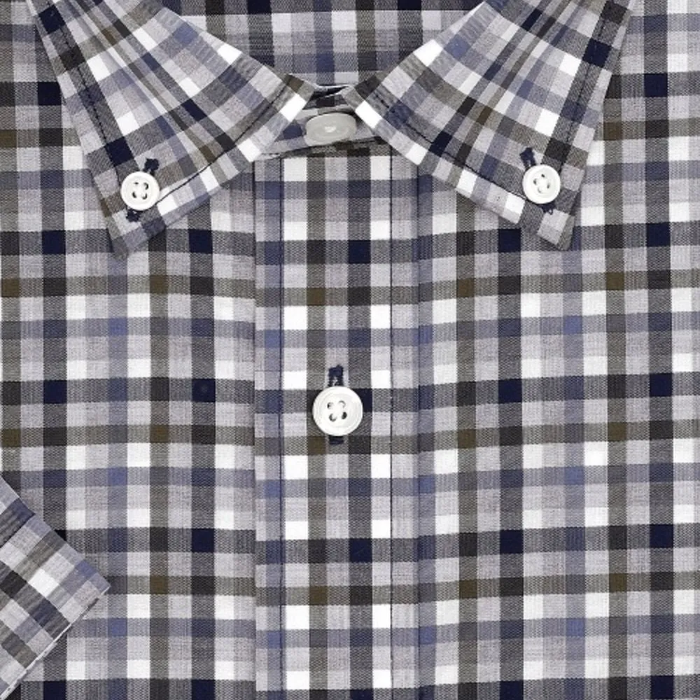 Moss, Navy, and Grey Plaid Short Sleeve No-Iron Cotton Sport Shirt with Button Down Collar by Leo Chevalier