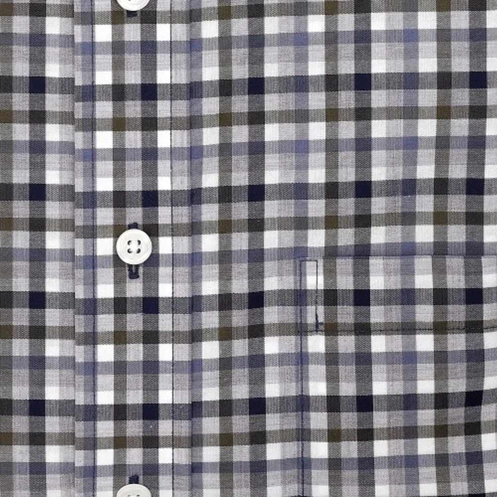 Moss, Navy, and Grey Plaid Short Sleeve No-Iron Cotton Sport Shirt with Button Down Collar by Leo Chevalier