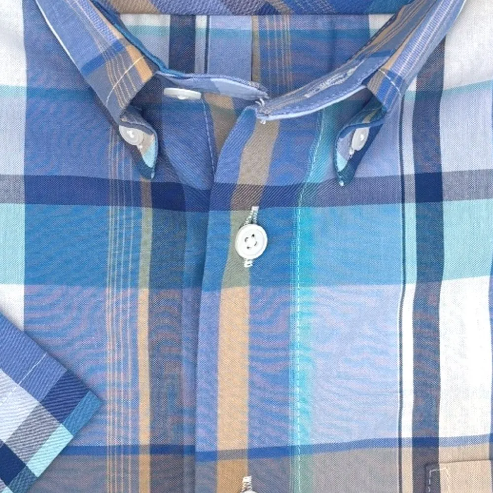 Multi Blue and Tan Plaid Cotton Broadcloth Short Sleeve Sport Shirt by Viyella