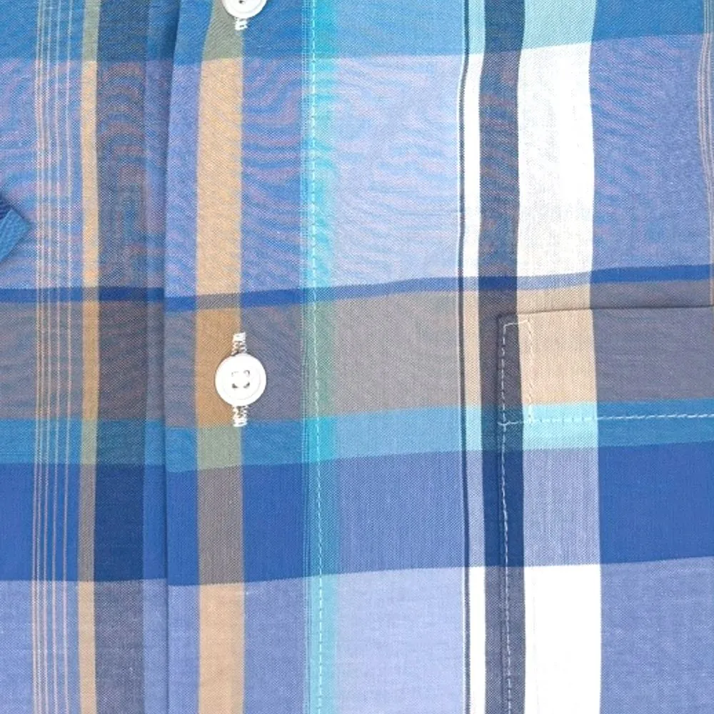 Multi Blue and Tan Plaid Cotton Broadcloth Short Sleeve Sport Shirt by Viyella