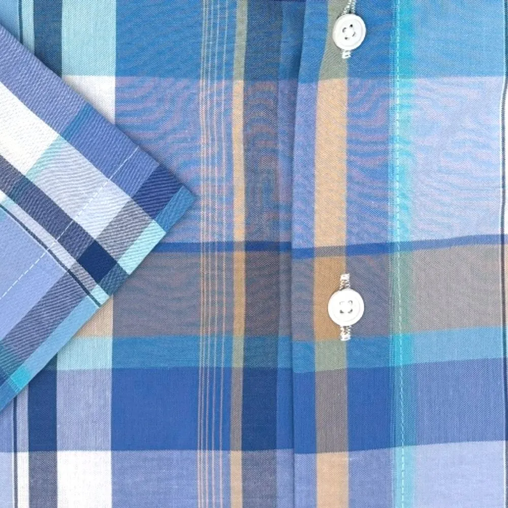 Multi Blue and Tan Plaid Cotton Broadcloth Short Sleeve Sport Shirt by Viyella