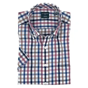 Navy Multi Plaid Short Sleeve No-Iron Cotton Sport Shirt with Button Down Collar by Leo Chevalier