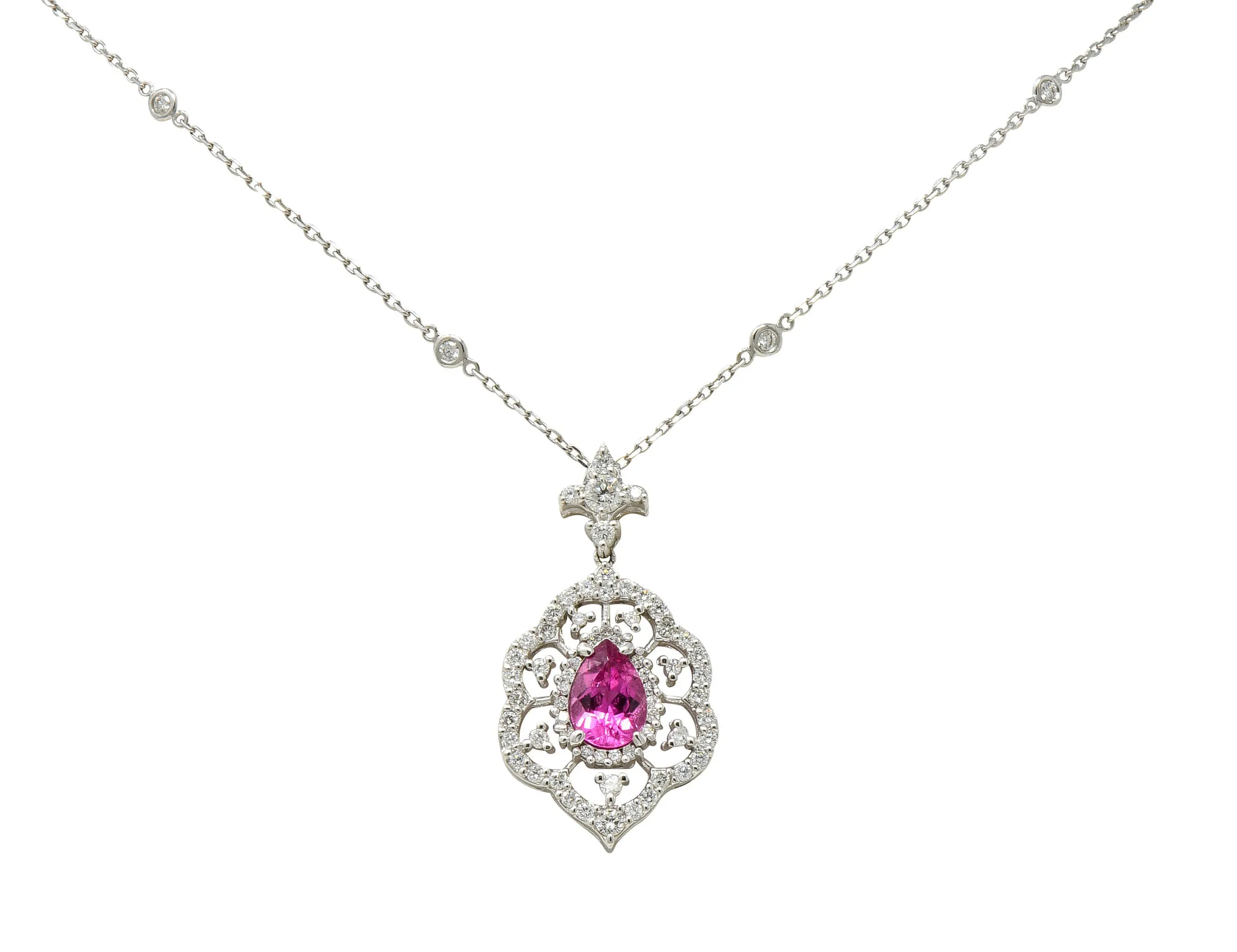 Pink Tourmaline Diamond 18 Karat White Gold Cluster Pendant Necklace