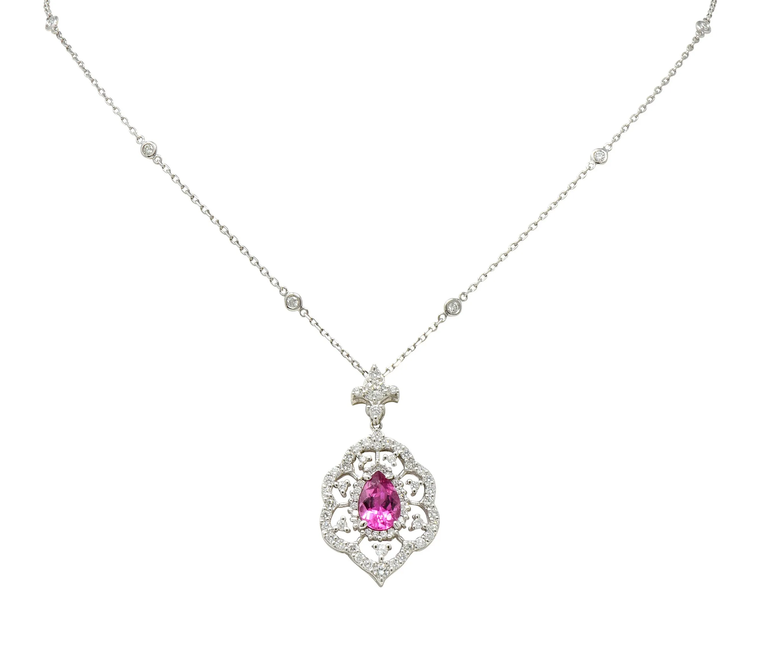 Pink Tourmaline Diamond 18 Karat White Gold Cluster Pendant Necklace