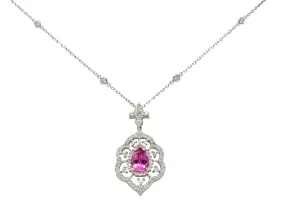 Pink Tourmaline Diamond 18 Karat White Gold Cluster Pendant Necklace