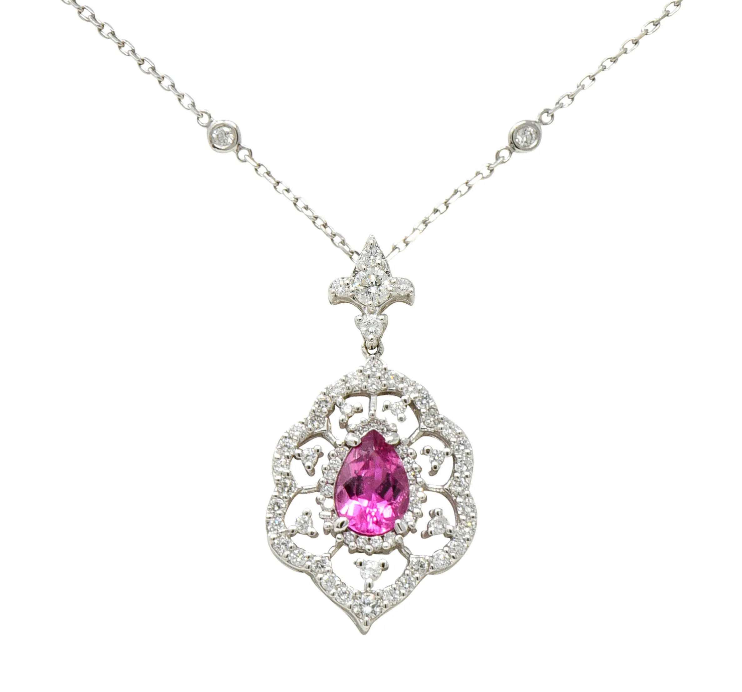 Pink Tourmaline Diamond 18 Karat White Gold Cluster Pendant Necklace