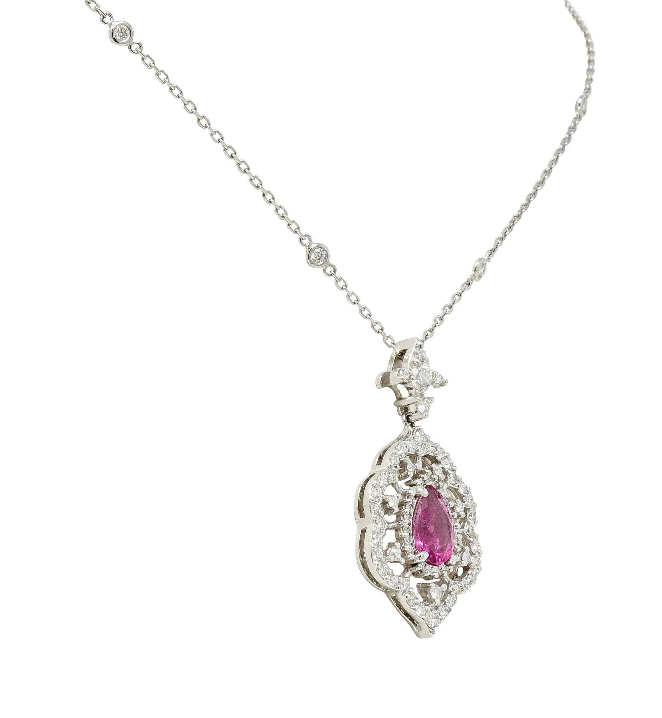 Pink Tourmaline Diamond 18 Karat White Gold Cluster Pendant Necklace