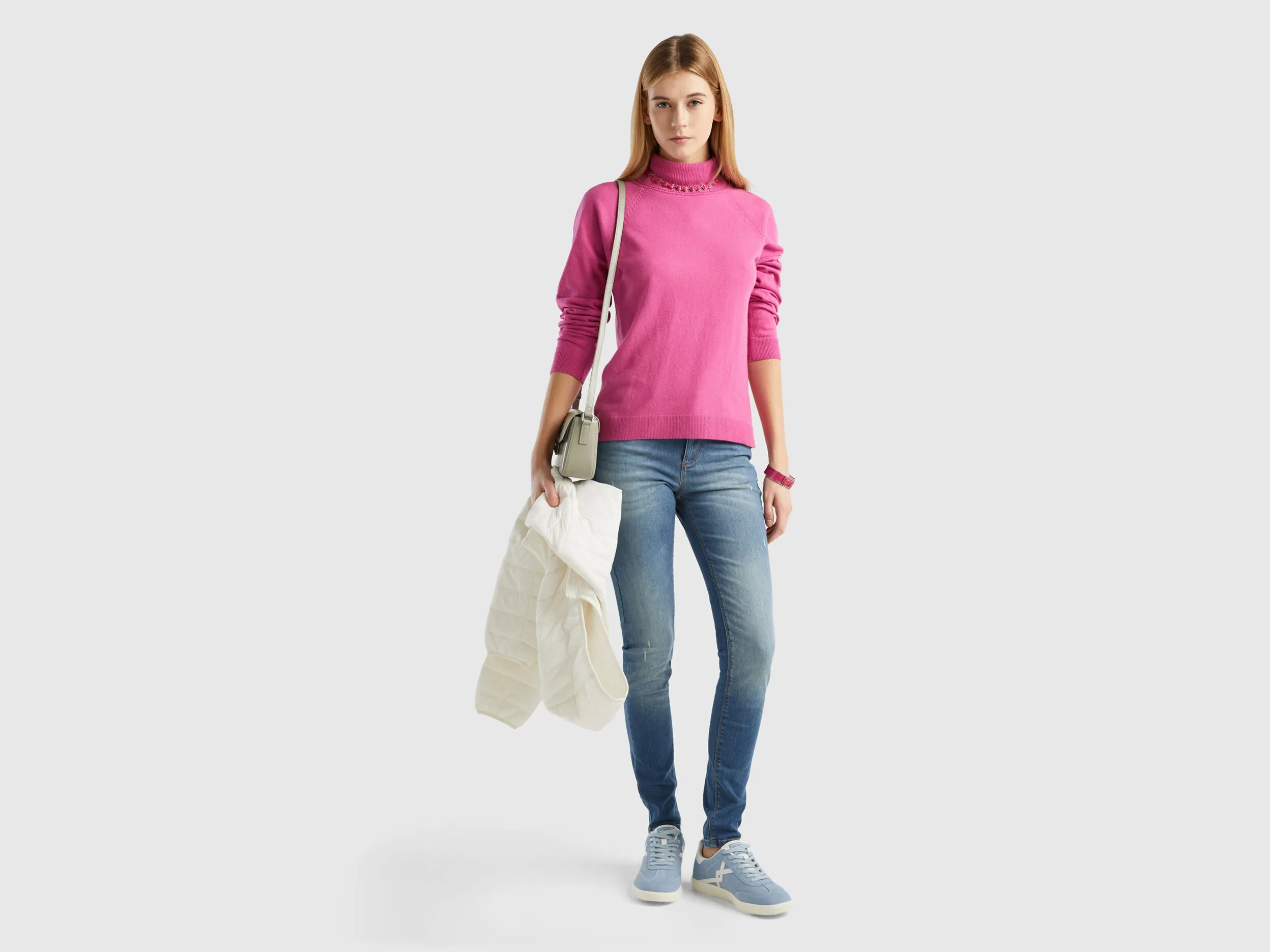 Pink turtleneck sweater in cashmere and wool blend - Pink | Benetton