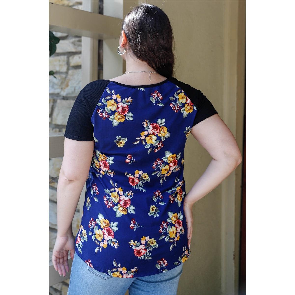 Plus Floral Print & Ribbed Black Colorblock Top