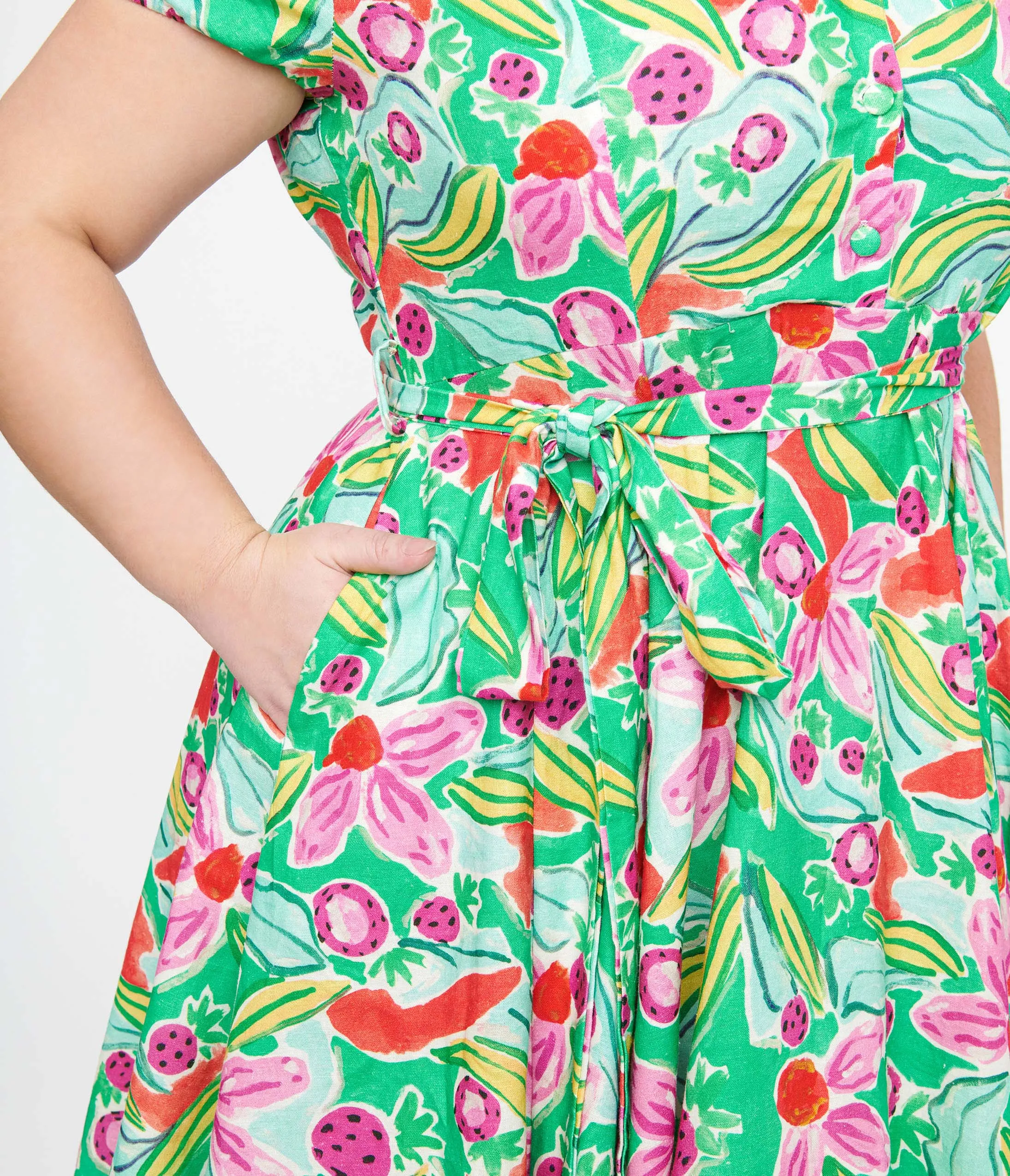 Plus Size 1950s Green & Pink Berry Bloom Print Monroe Fit & Flare Dress