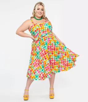 Plus Size 1950s Rainbow Watercolor Polka Dot Lori Swing Dress