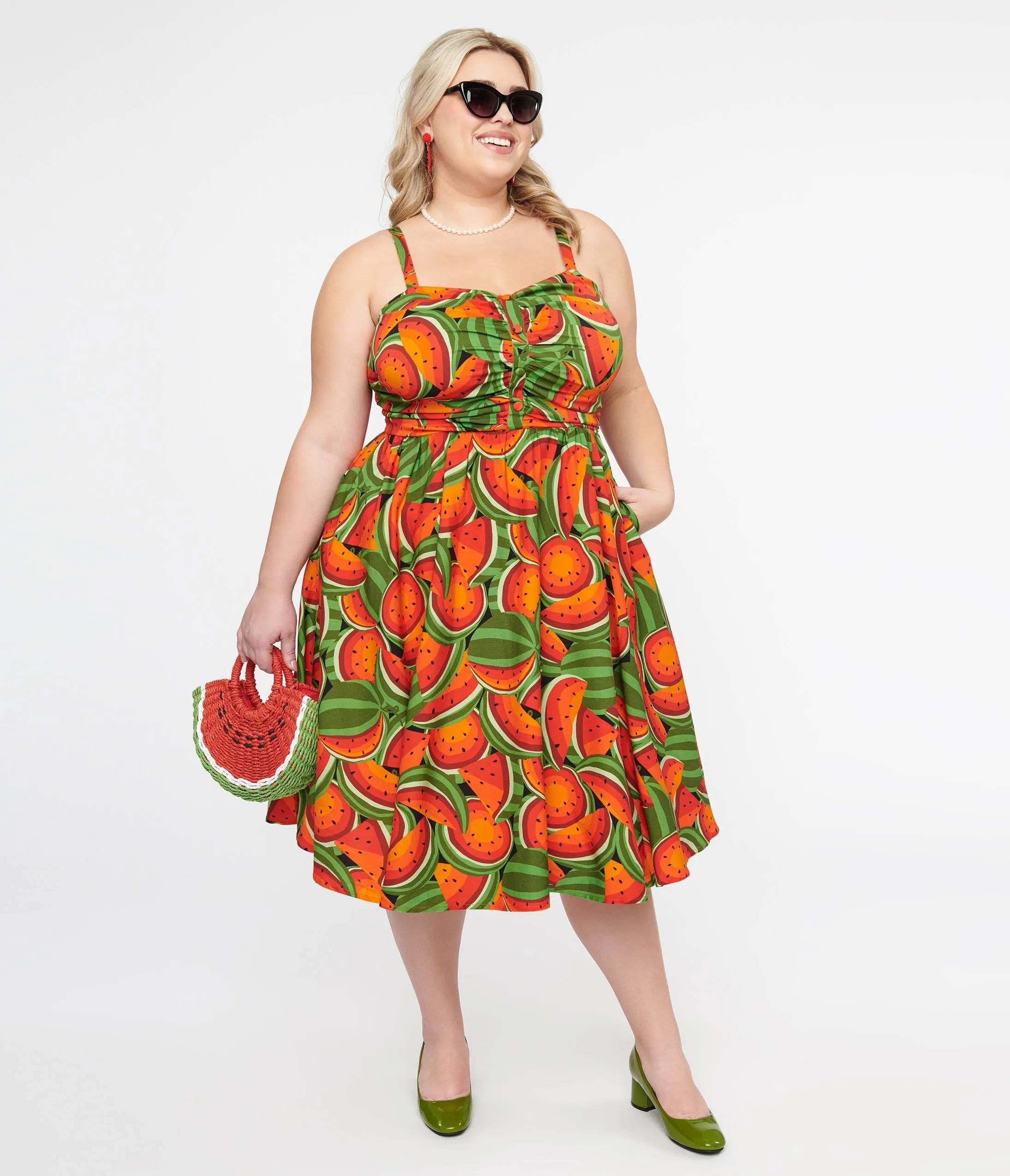 Plus Size 1950s Red & Green Watermelon Print Eden Fit & Flare Dress