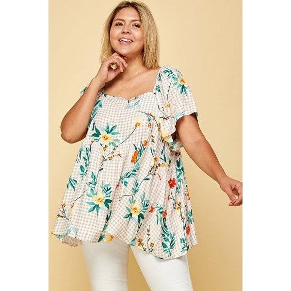 Plus Size Floral Check Printed Rayon Challis Square Neck Fashion Top