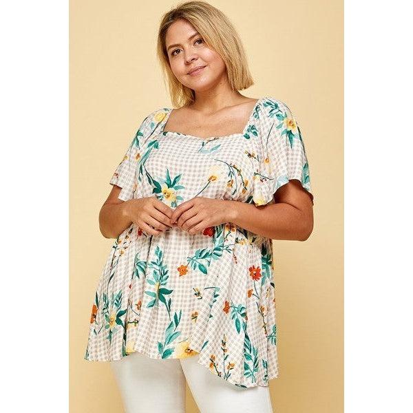 Plus Size Floral Check Printed Rayon Challis Square Neck Fashion Top