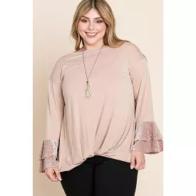 Plus Size Two Tier Velvet Animal Mesh Sleeves Solid Knit Top