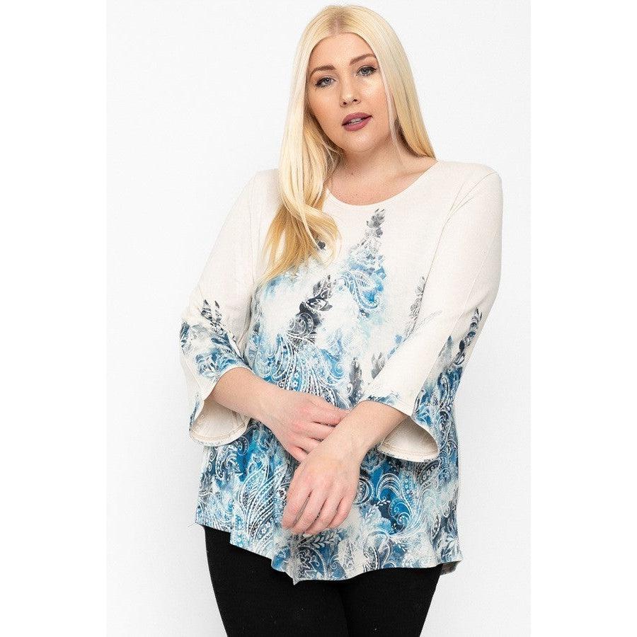 Print Top Featuring A Round Neckline And 3/4 Bell Sleeves