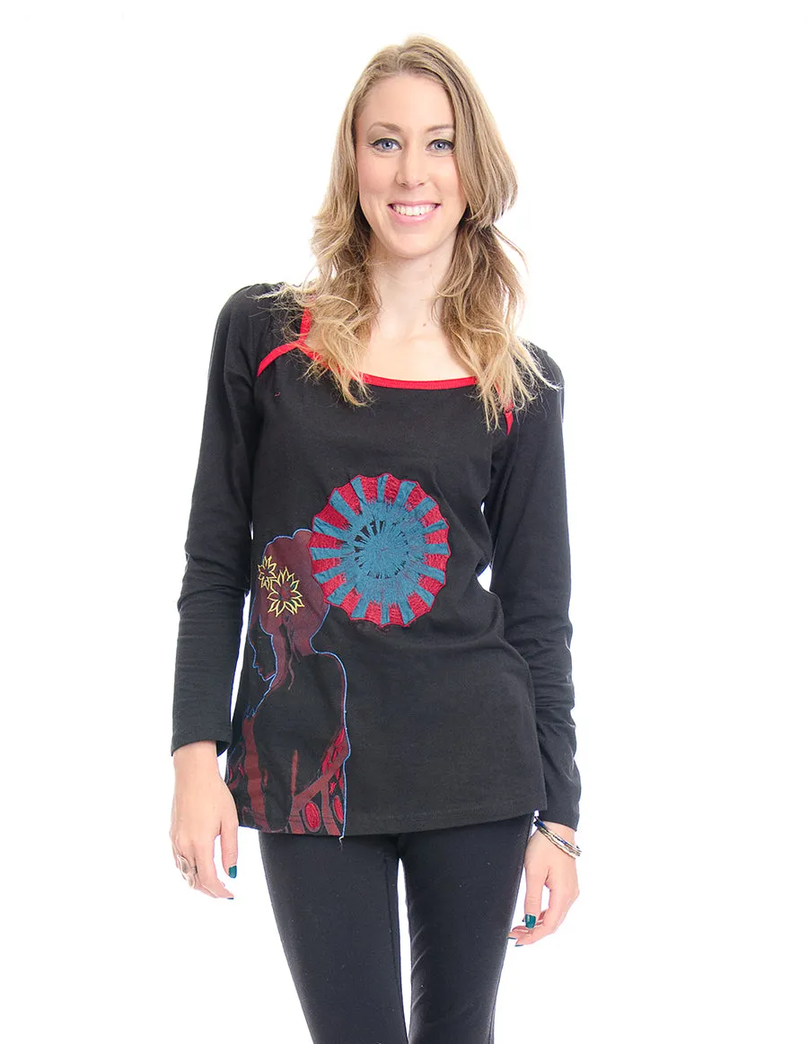 Red & Black Abstract Full Sleeve Cotton Top