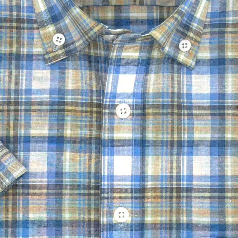 Sage and Blue Multi Plaid Short Sleeve No-Iron Cotton Sport Shirt with Button Down Collar by Leo Chevalier