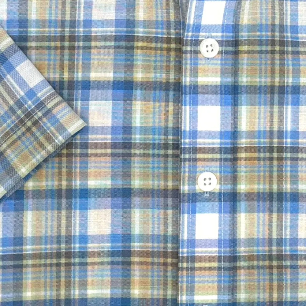 Sage and Blue Multi Plaid Short Sleeve No-Iron Cotton Sport Shirt with Button Down Collar by Leo Chevalier