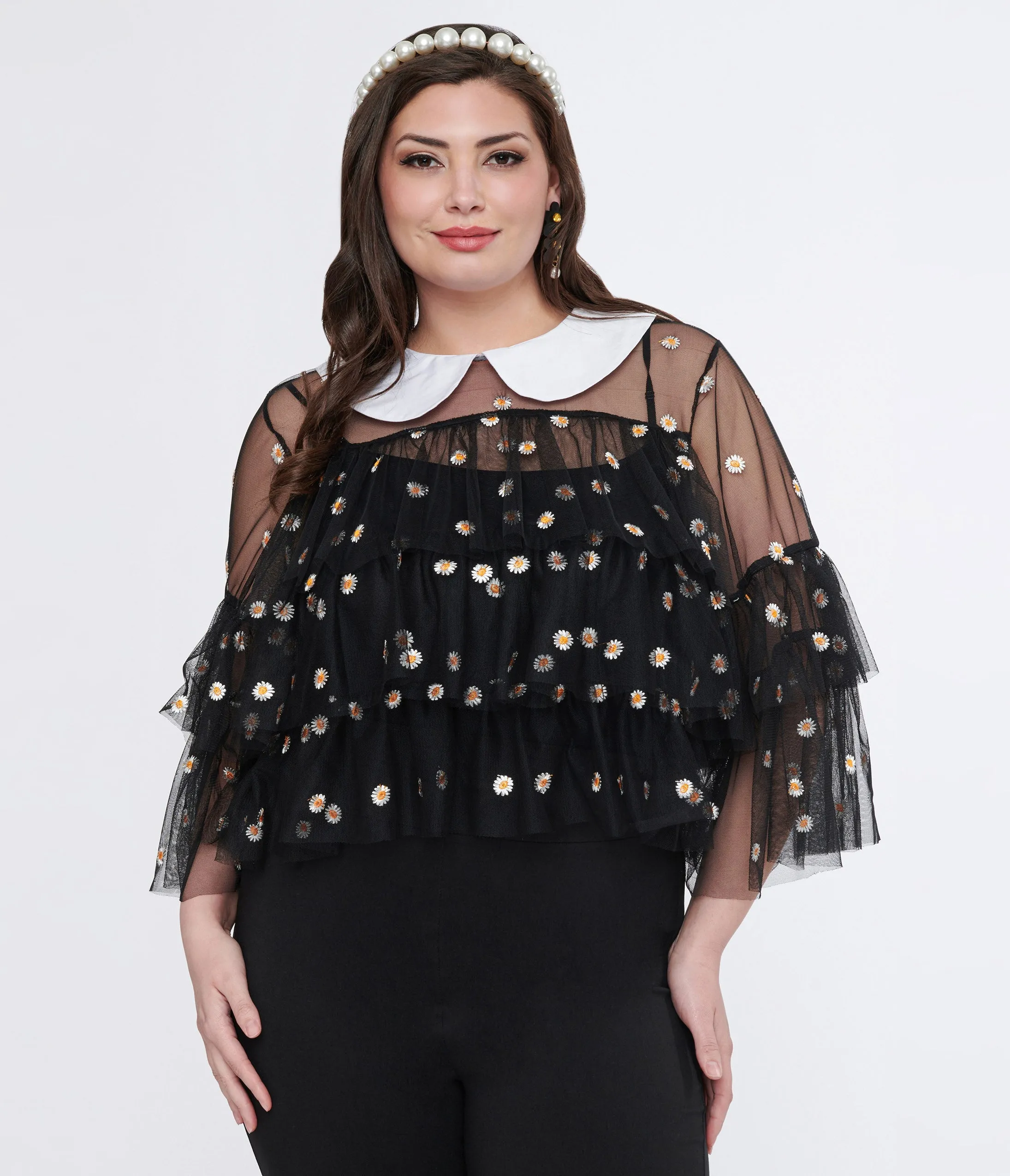 Smak Parlour Plus Size Black Daisy Mesh Ruffle Top