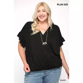 Solid Viscose Knit Surplice Top With Ruffle Sleeve