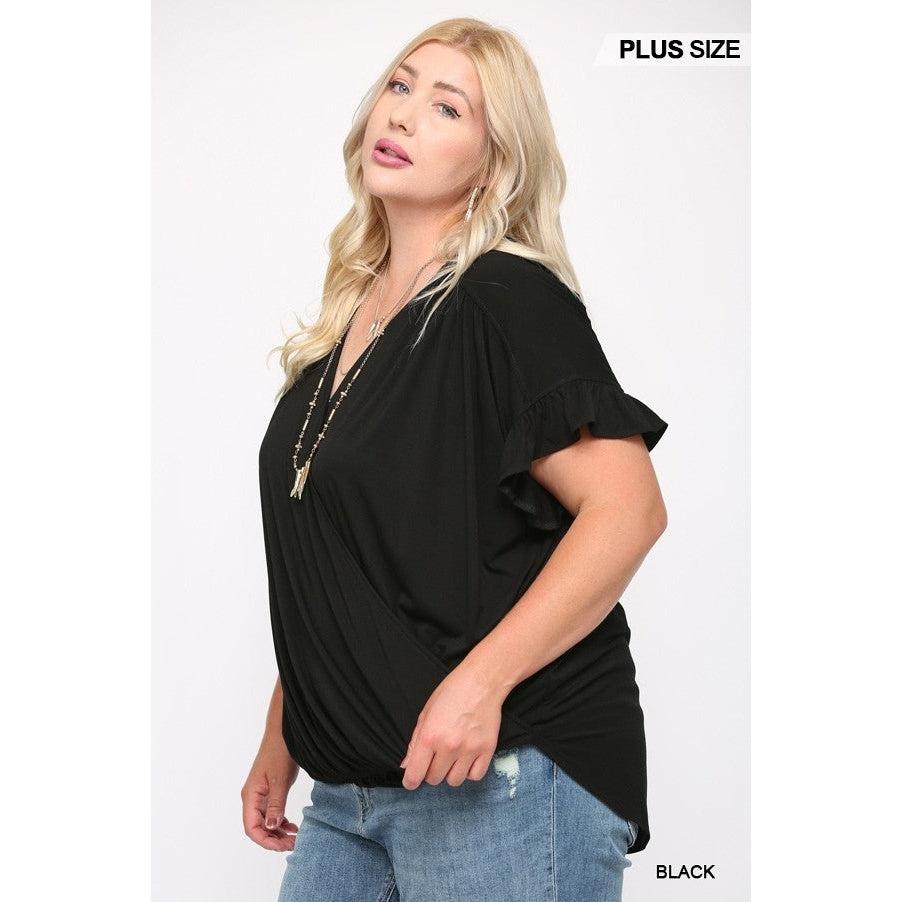 Solid Viscose Knit Surplice Top With Ruffle Sleeve