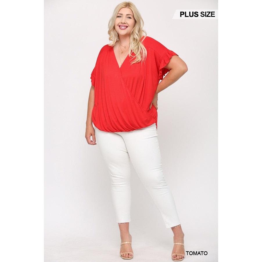 Solid Viscose Knit Surplice Top With Ruffle Sleeve