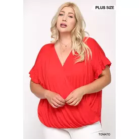 Solid Viscose Knit Surplice Top With Ruffle Sleeve