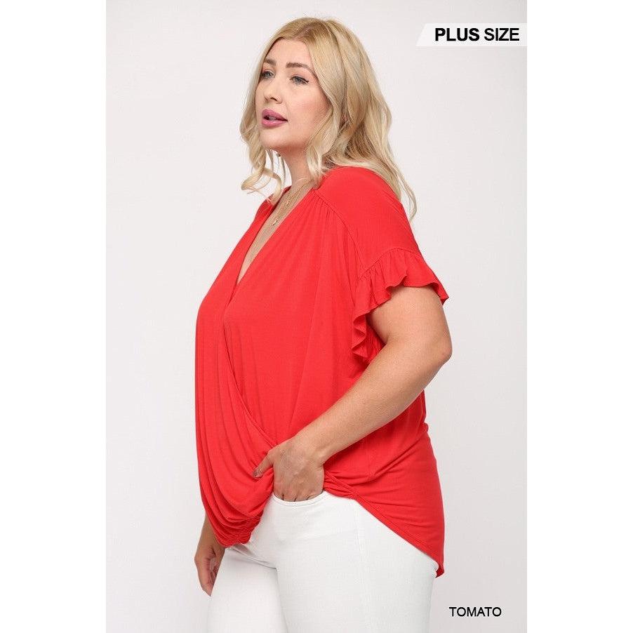 Solid Viscose Knit Surplice Top With Ruffle Sleeve