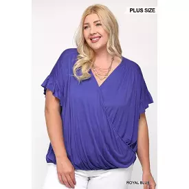 Solid Viscose Knit Surplice Top With Ruffle Sleeve