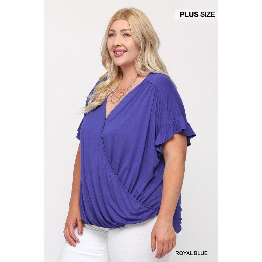 Solid Viscose Knit Surplice Top With Ruffle Sleeve