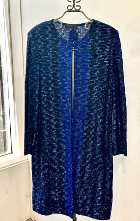 ST. JOHN woman’s knit Tweed Blue Black White Ombre Topper Long Jacket Sz 12 (preowned)