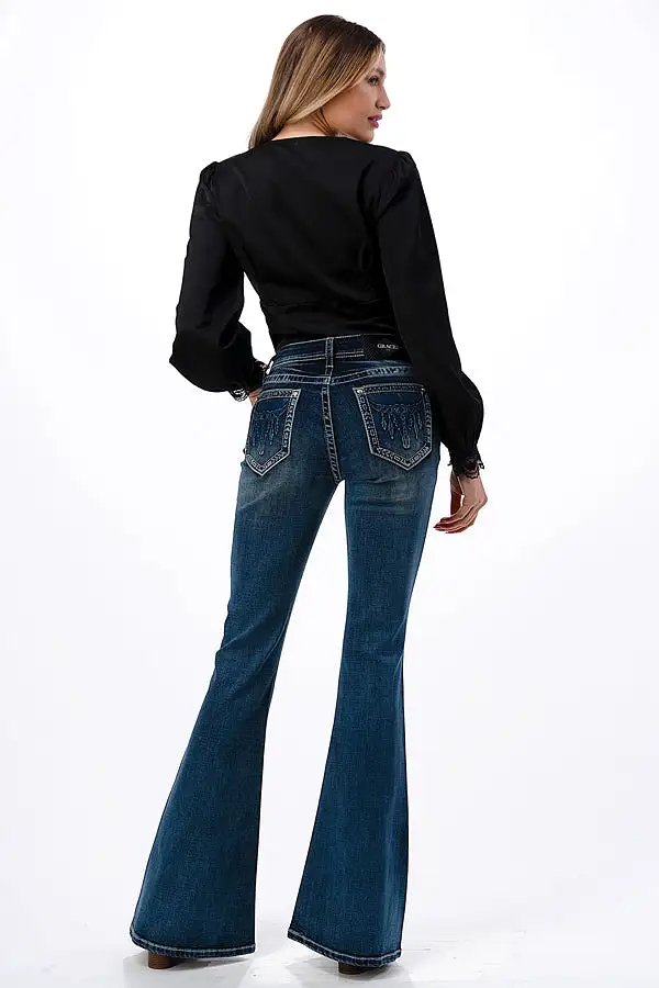 Steer Head 3D Detail Mid Rise Flare Jeans