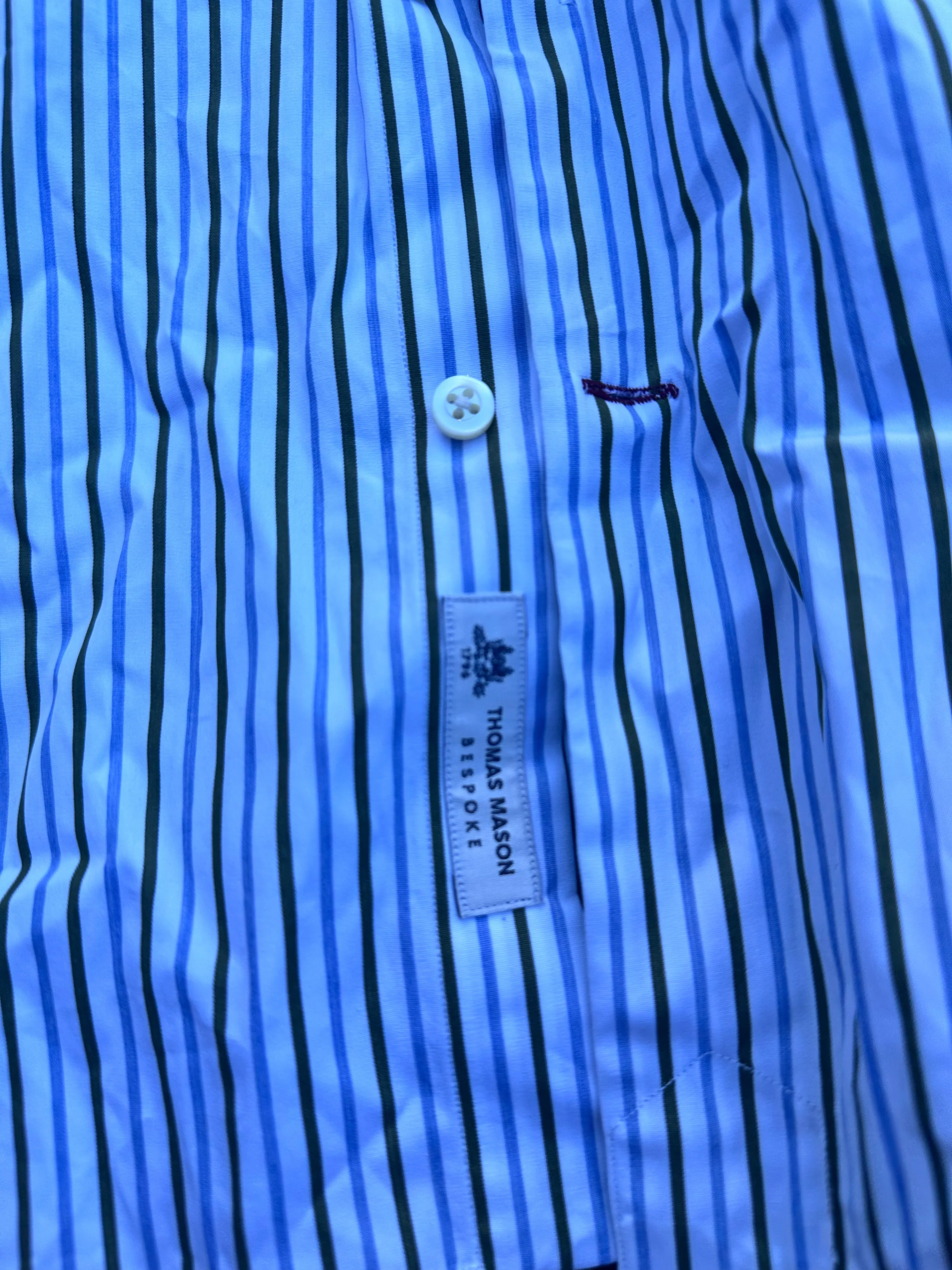 THE GENTLEMEN: Raymond’s HERO THOMAS MASON BESPOKE Green Blue and White Stripe Button-down Shirt