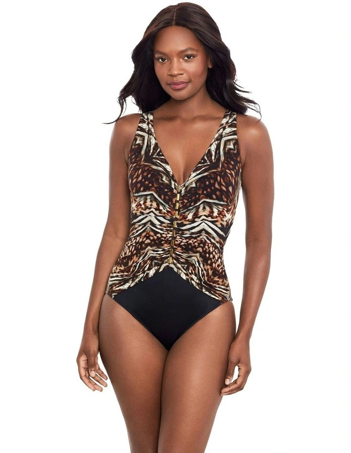 Tribal Tigress Charmer V Neck Tummy Control Swimsuit in Black Multi