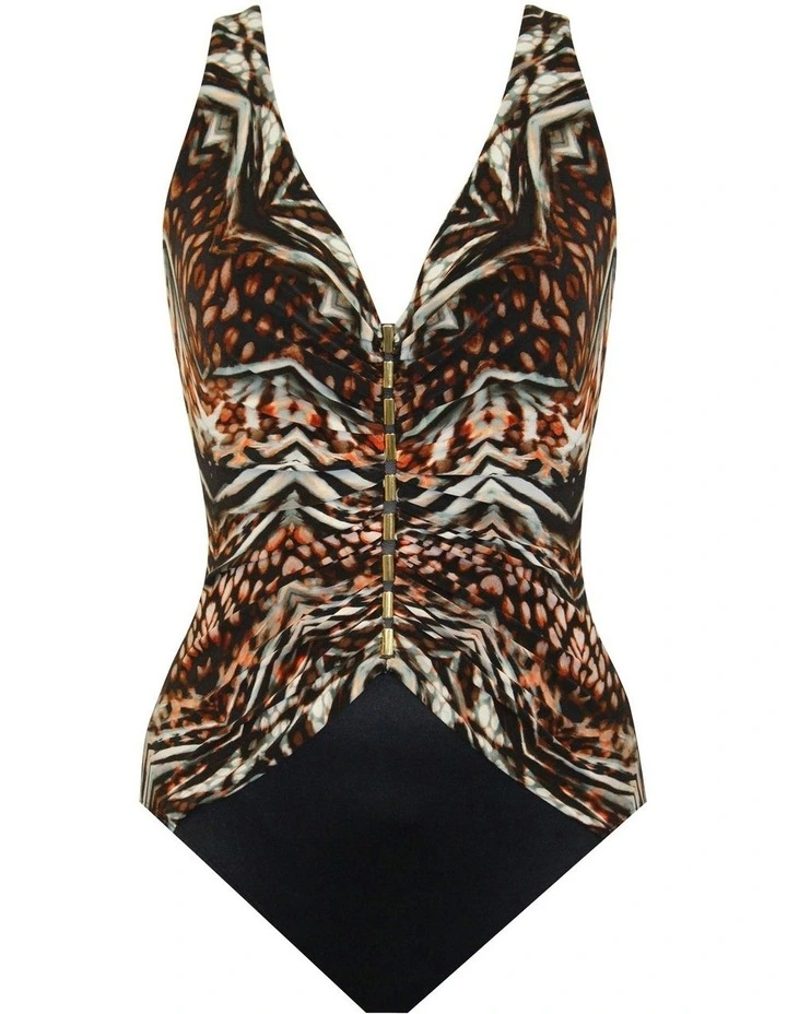 Tribal Tigress Charmer V Neck Tummy Control Swimsuit in Black Multi