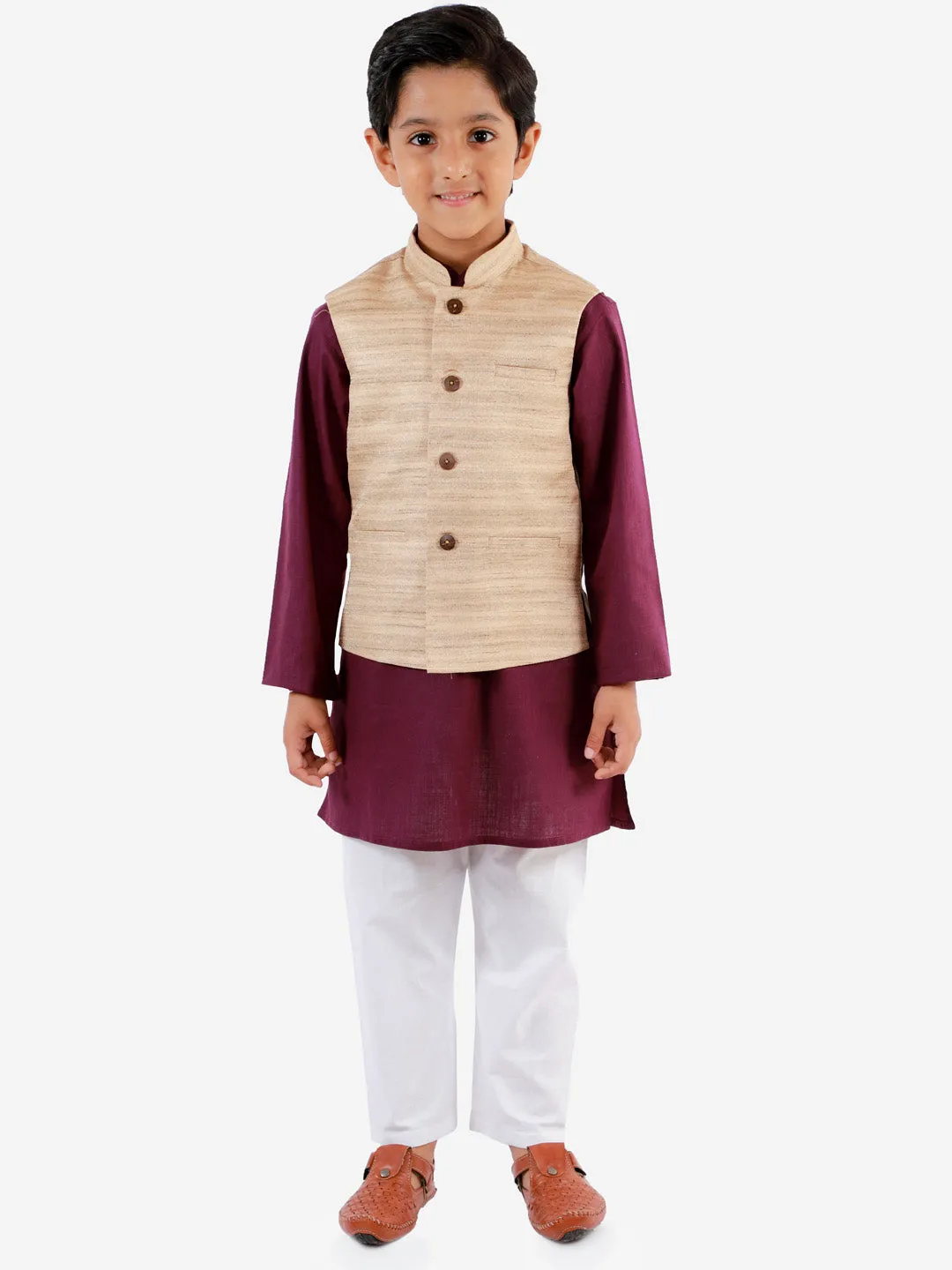 Vastramay Boys Beige, Purple And White Jacket, Kurta and Pyjama Set