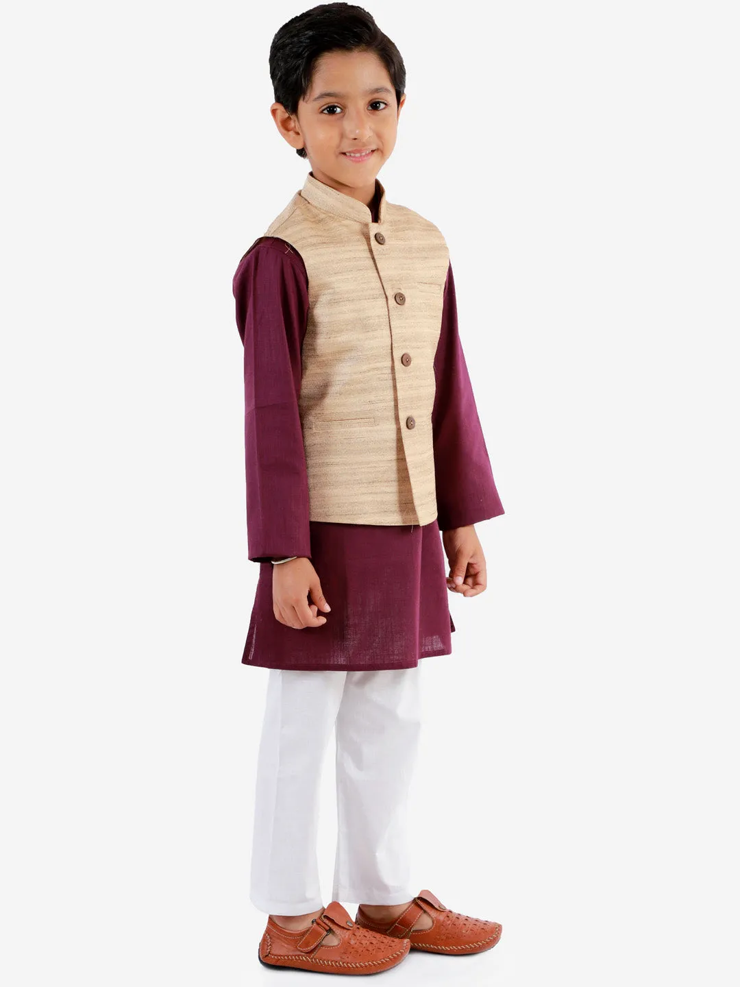 Vastramay Boys Beige, Purple And White Jacket, Kurta and Pyjama Set