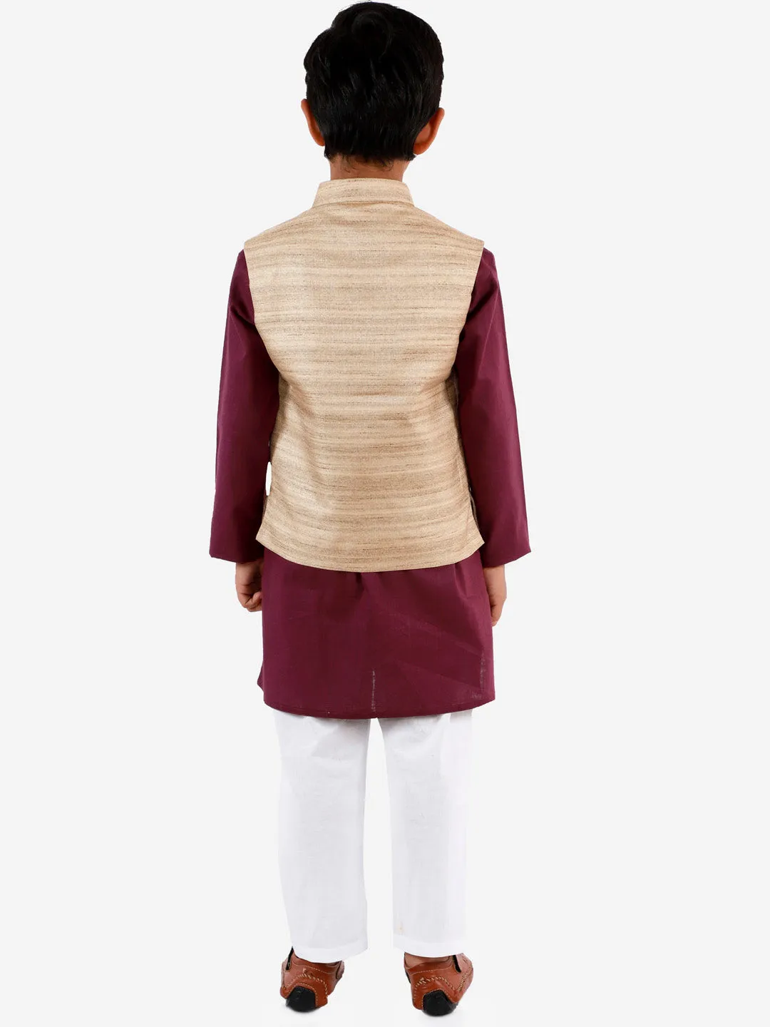 Vastramay Boys Beige, Purple And White Jacket, Kurta and Pyjama Set