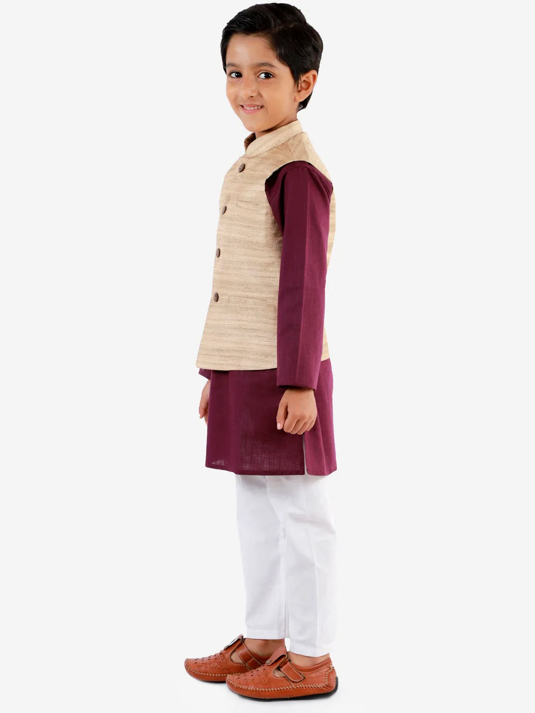 Vastramay Boys Beige, Purple And White Jacket, Kurta and Pyjama Set