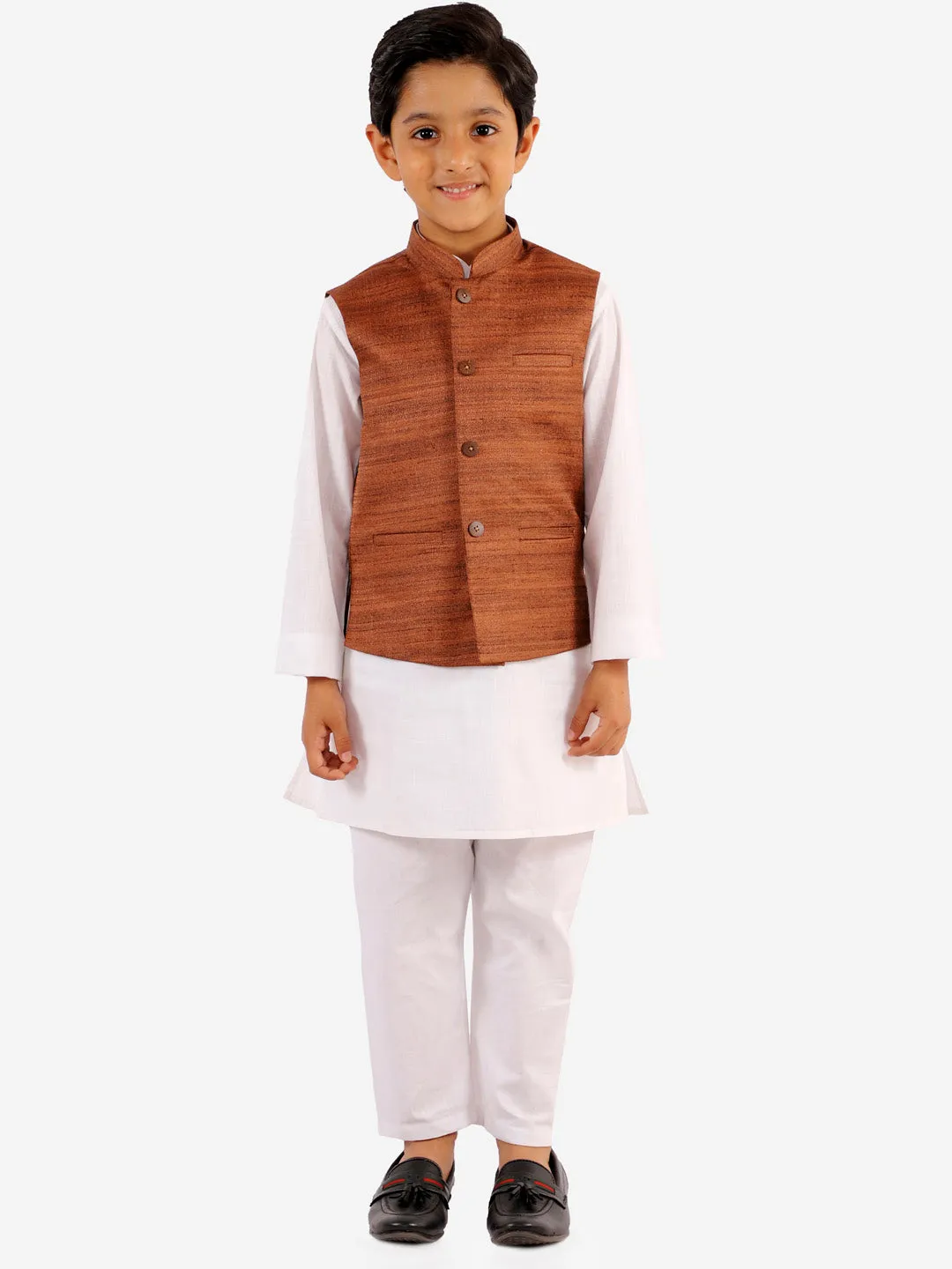 Vastramay Boys Coffee Brown And White Jacket, Kurta and Pyjama Set