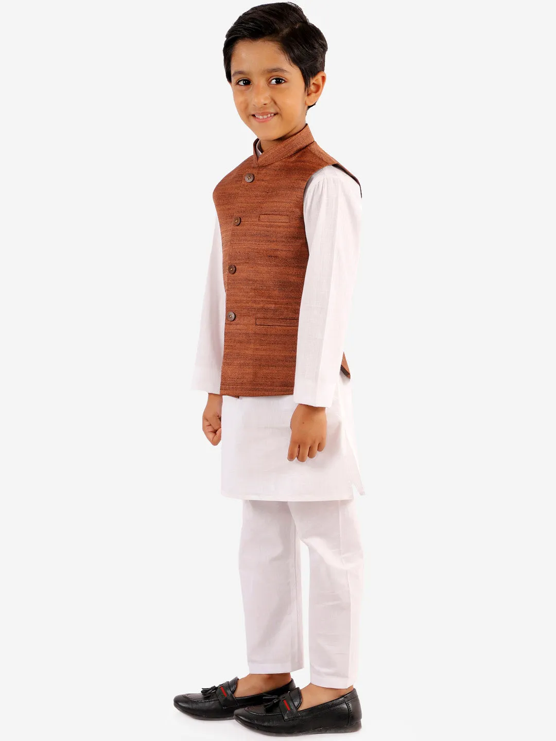 Vastramay Boys Coffee Brown And White Jacket, Kurta and Pyjama Set