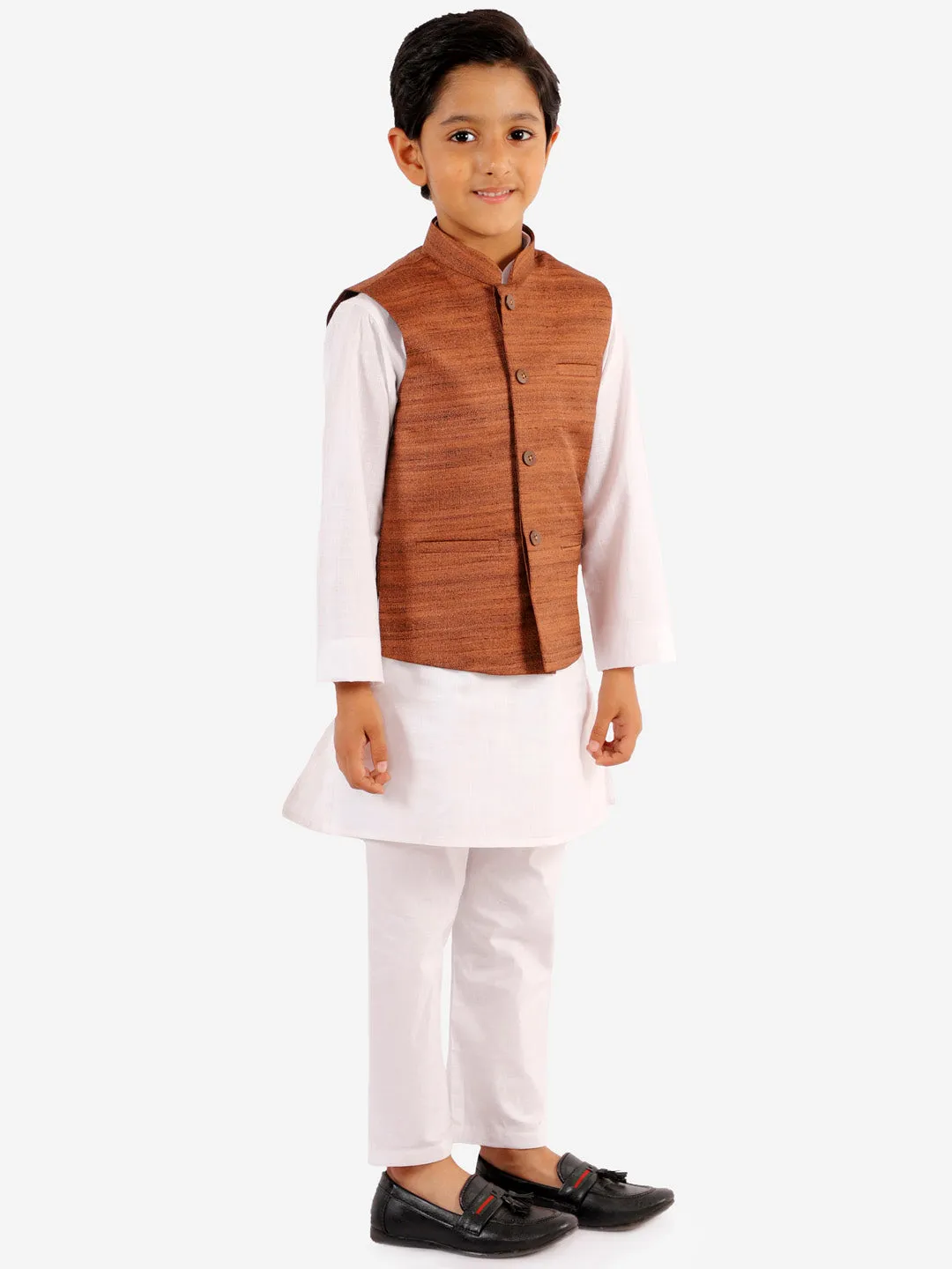 Vastramay Boys Coffee Brown And White Jacket, Kurta and Pyjama Set