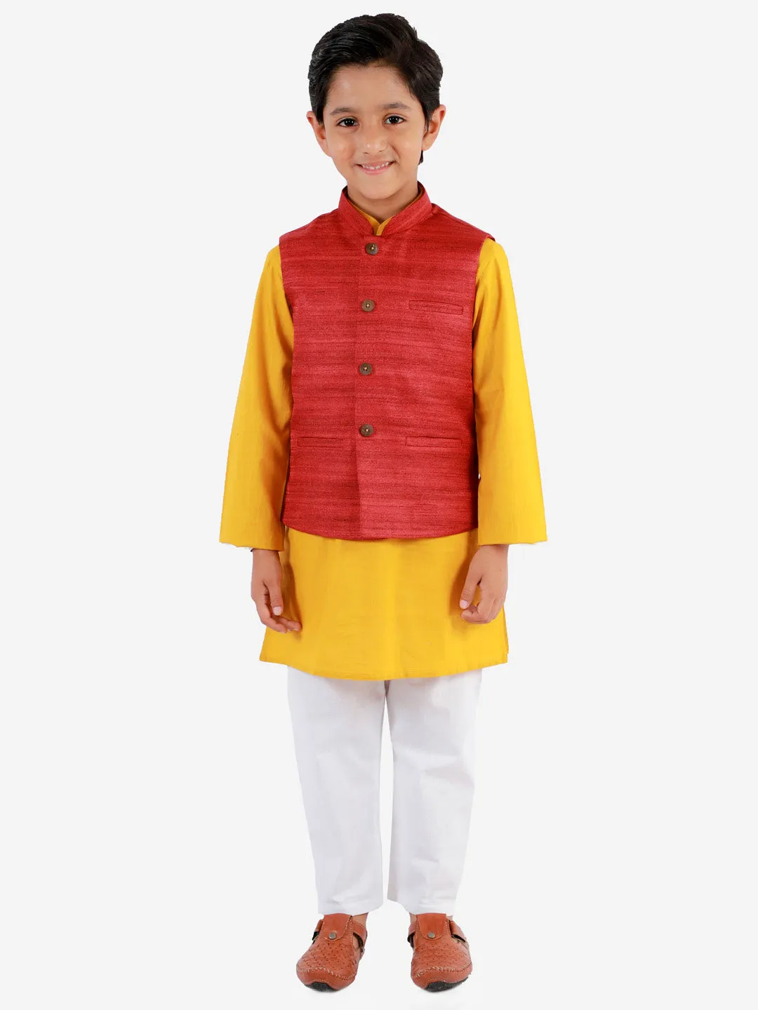 Vastramay Boys Maroon, Mustard And White Jacket, Kurta and Pyjama Set